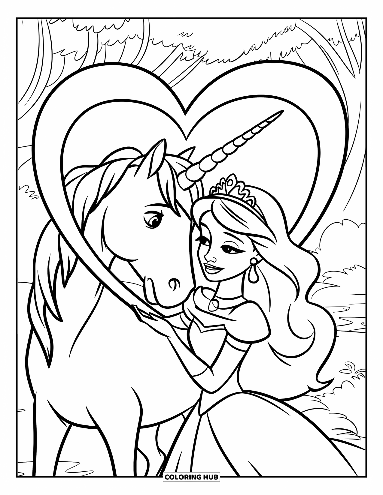 Unicorn And Princess Coloring Page for Kids: A loving princess pets her unicorn within a heart border