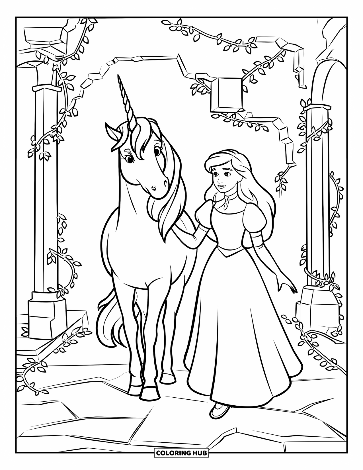 Unicorn And Princess Coloring Page for Kids: A princess and her unicorn stroll past ivy-covered ruins