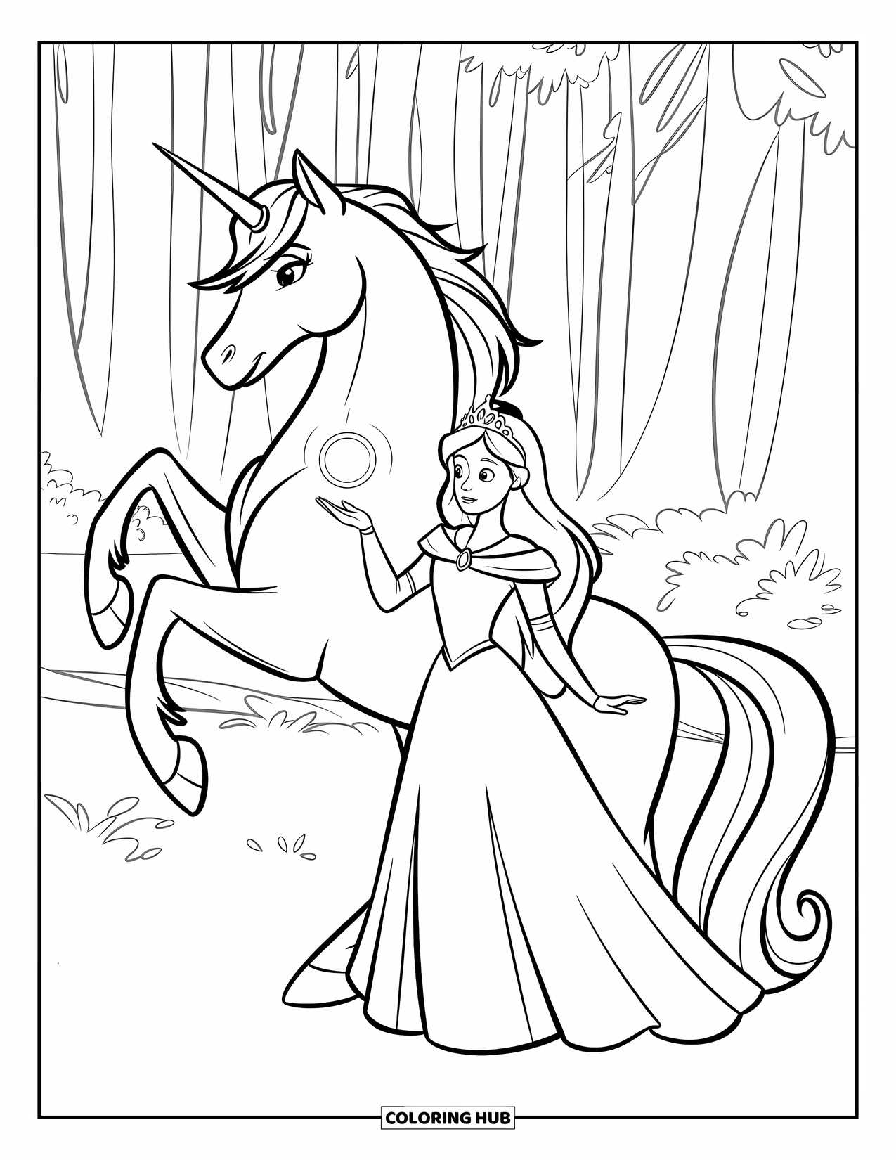 Unicorn And Princess Coloring Page for Kids: A princess and unicorn perform magic in a forest clearing