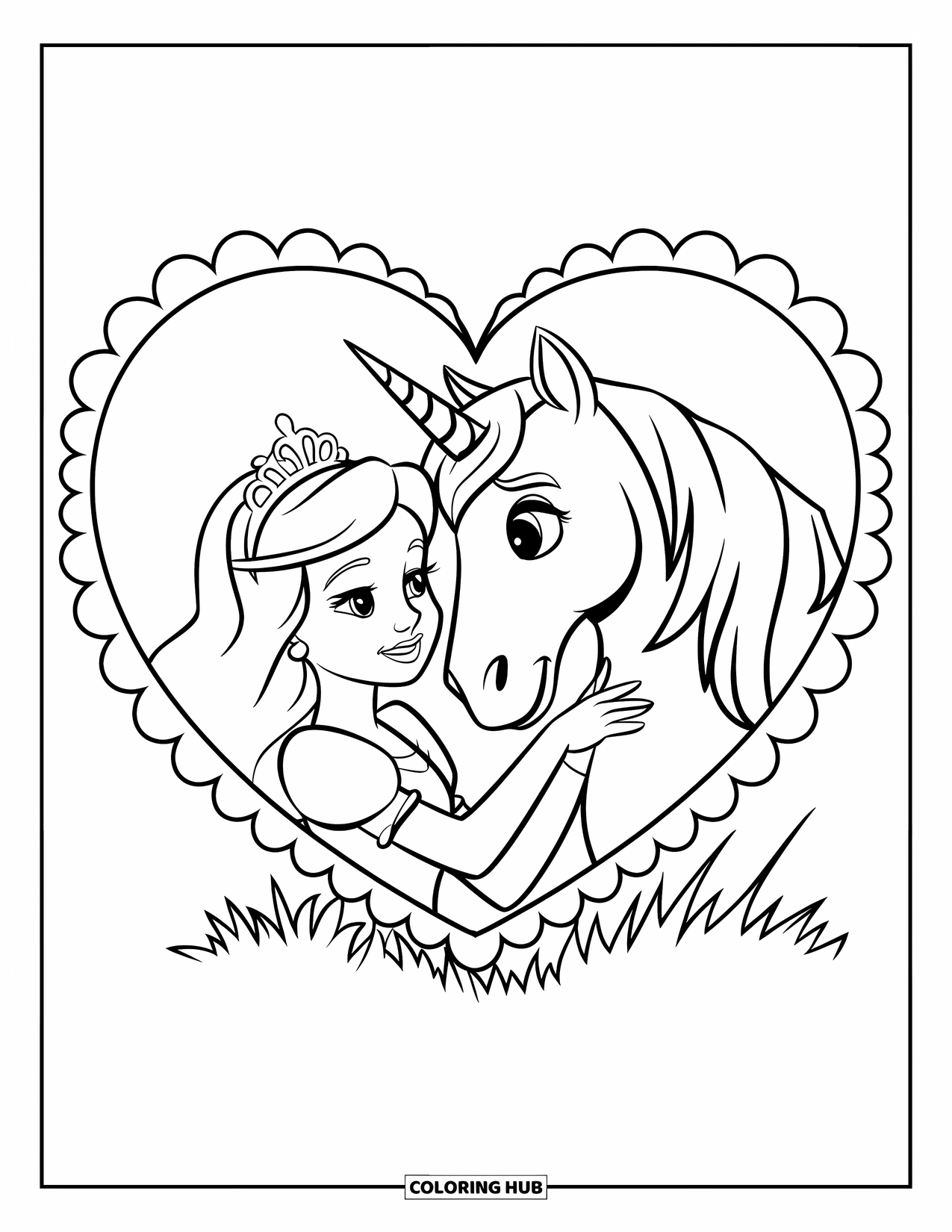 Unicorn And Princess Coloring Page for Kids: A princess and unicorn share a sweet moment in a heart frame