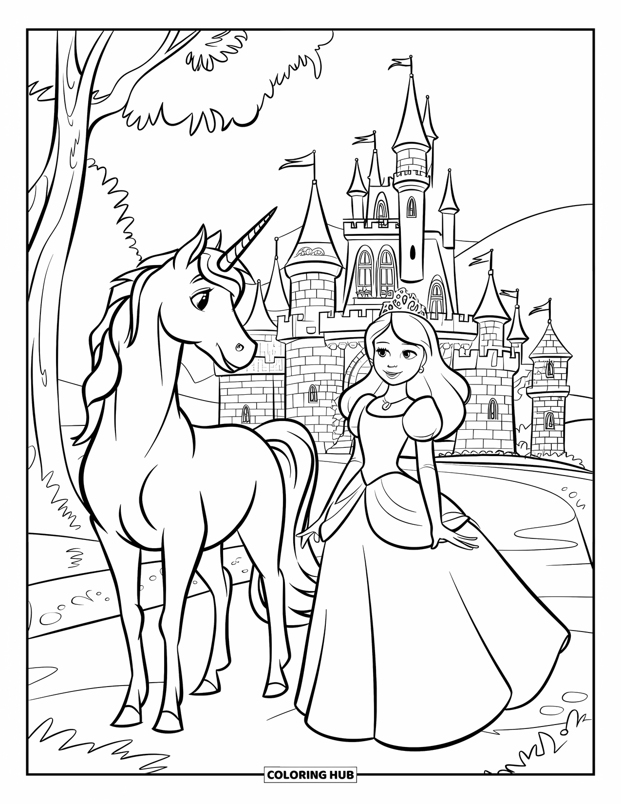 Unicorn And Princess Coloring Page for Kids: A princess and unicorn stand before a grand stone castle