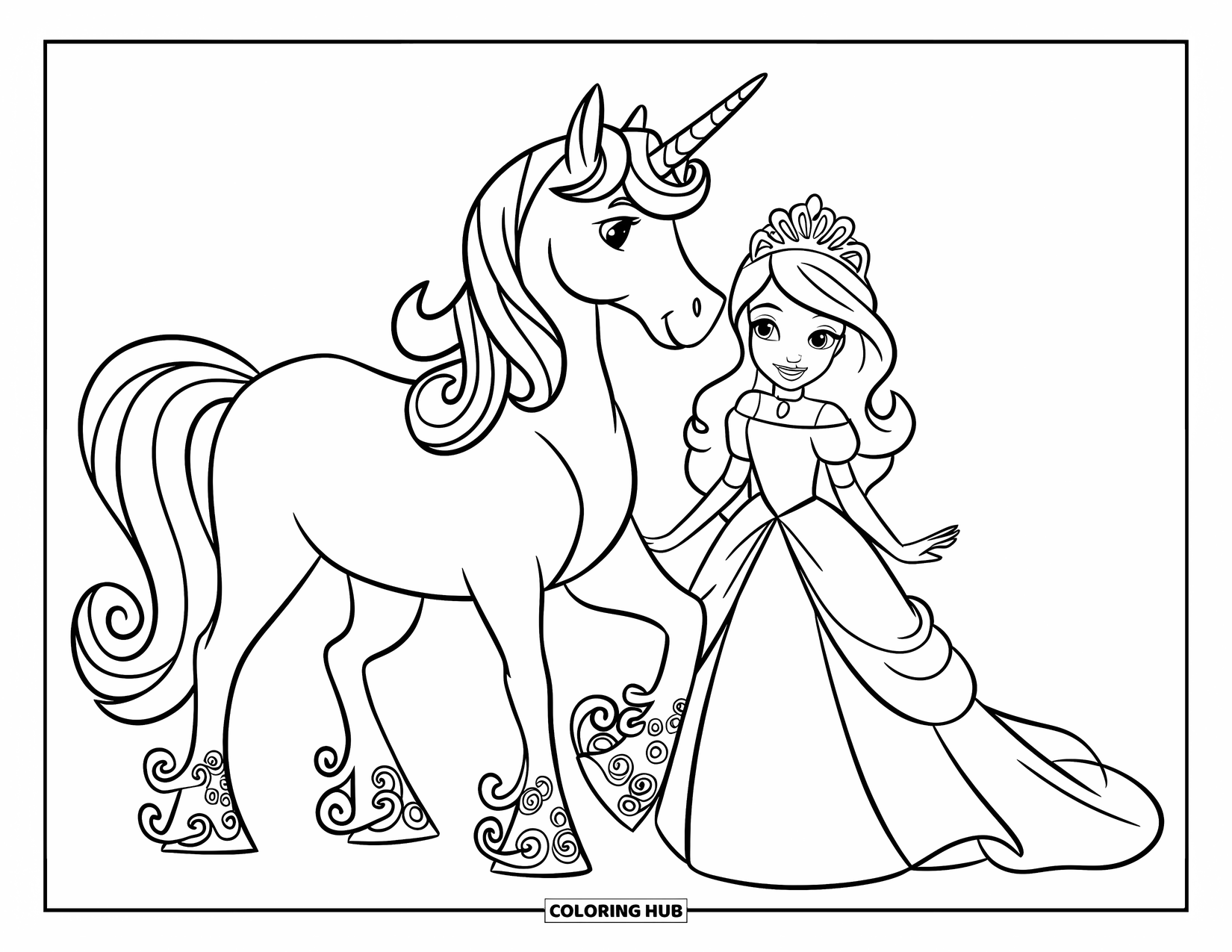 Unicorn And Princess Coloring Page for Kids: A princess and unicorn stand proudly on a bright open field