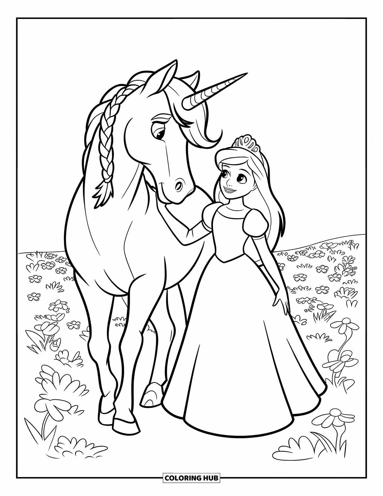 Unicorn And Princess Coloring Page for Kids: A princess and unicorn walk through a meadow of flowers