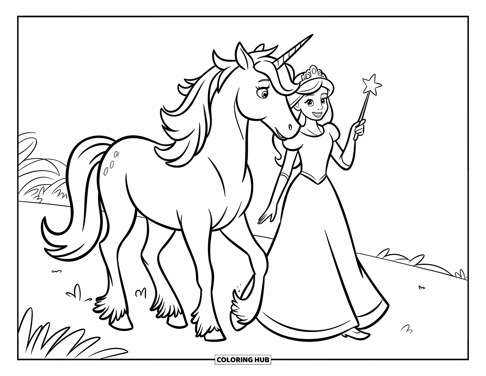 Unicorn And Princess Coloring Page for Kids: A princess and unicorn walk together through a sunny meadow