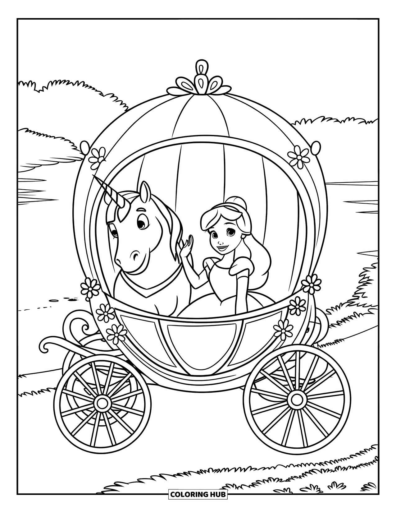 Unicorn And Princess Coloring Page for Kids: A princess and unicorn wave from a beautiful royal carriage