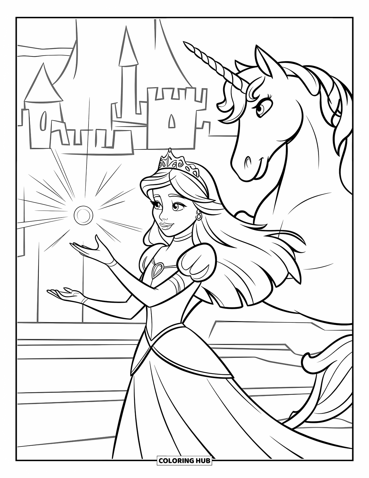 Unicorn And Princess Coloring Page for Kids: A princess casts a spell beside her rearing unicorn