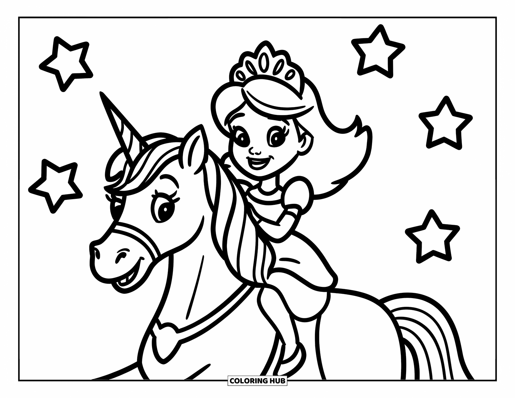 Unicorn And Princess Coloring Page for Kids: A princess happily rides her unicorn among twinkling stars