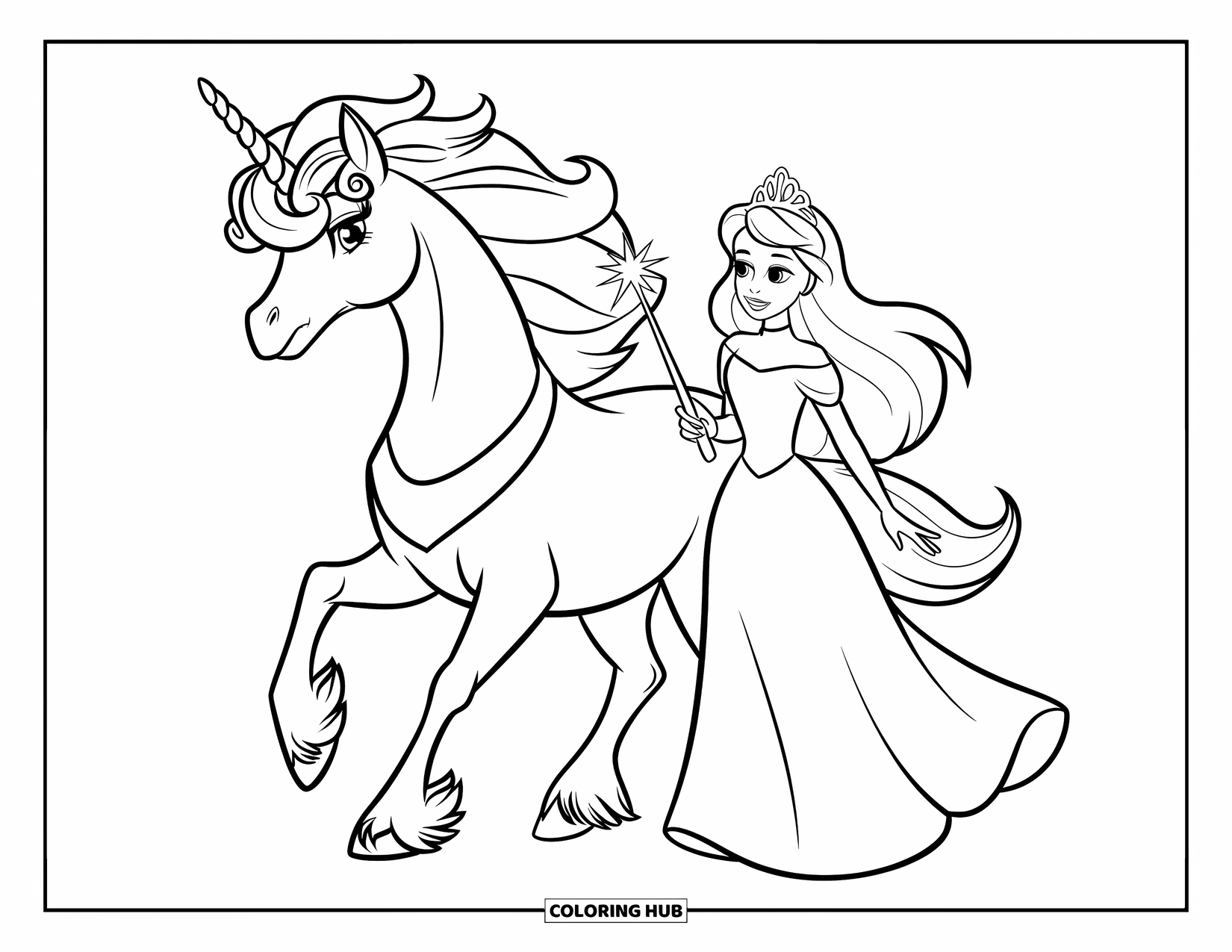 Unicorn And Princess Coloring Page for Kids: A princess holds a wand while walking beside her unicorn