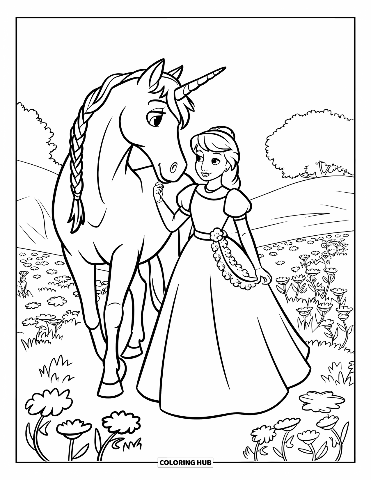 Unicorn And Princess Coloring Page for Kids: A princess holds her unicorn's horn among blooming flowers