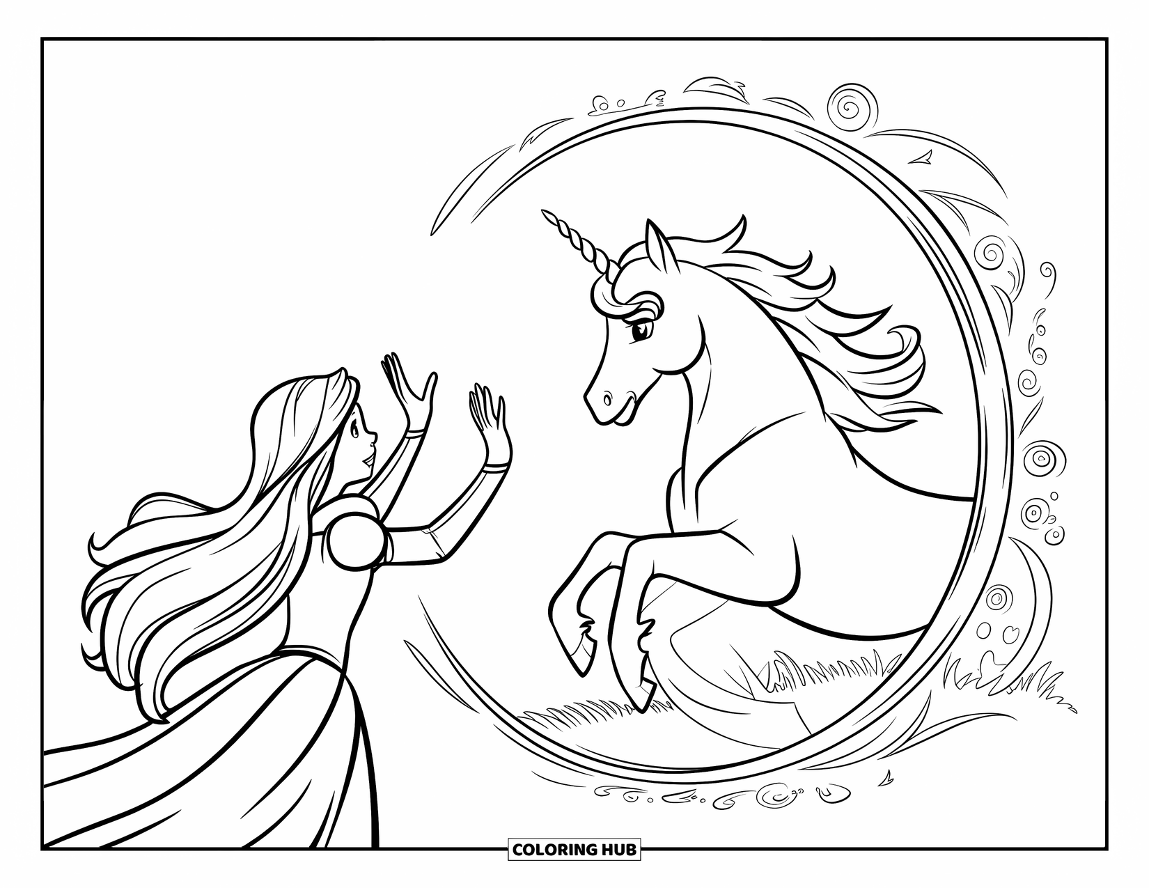 Unicorn And Princess Coloring Page for Kids: A princess raises her hands to call forth a unicorn of light