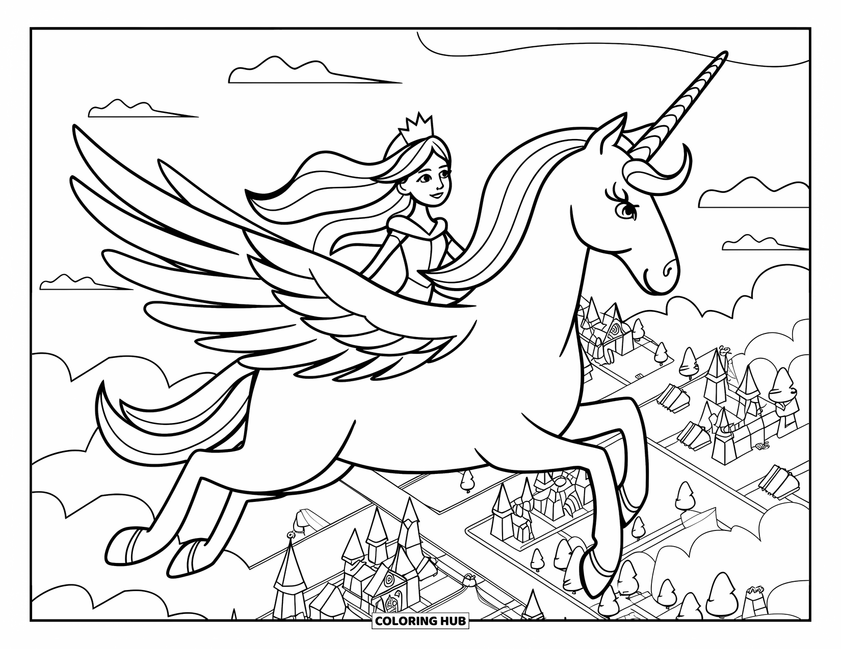 Unicorn And Princess Coloring Page for Kids: A princess rides her winged unicorn over a grand kingdom