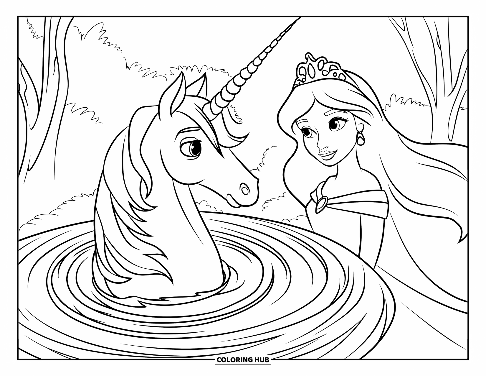 Unicorn And Princess Coloring Page for Kids: A princess summons a unicorn from a glowing magical portal