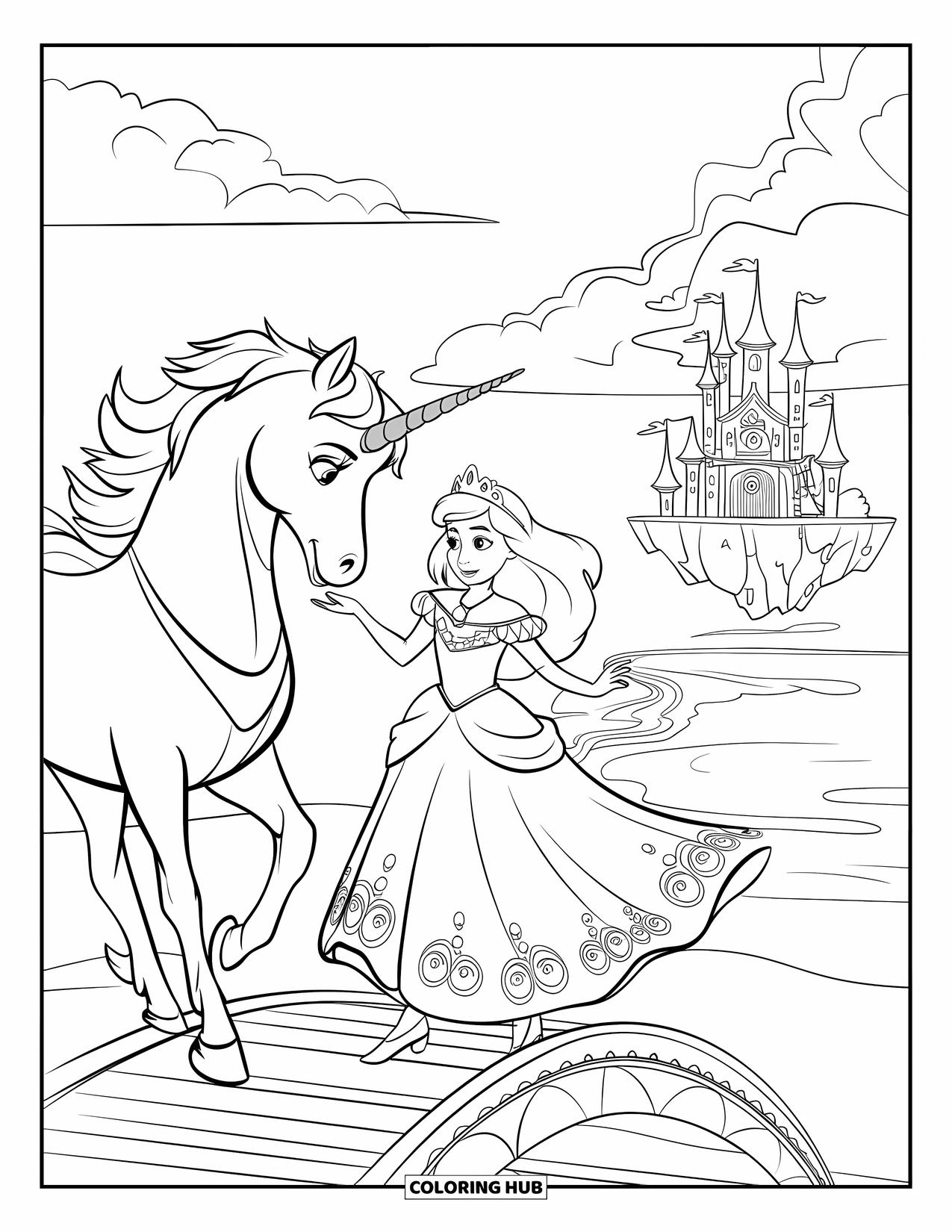 Unicorn And Princess Coloring Page for Kids: A royal pair travels across a bridge toward a castle in the sky