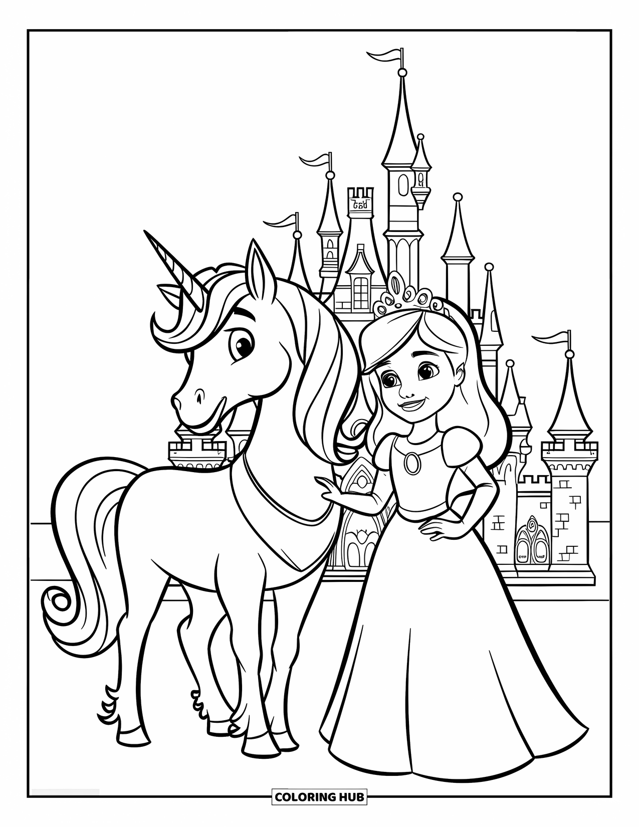 Unicorn And Princess Coloring Page for Kids: A royal princess and unicorn pose proudly near a tall castle
