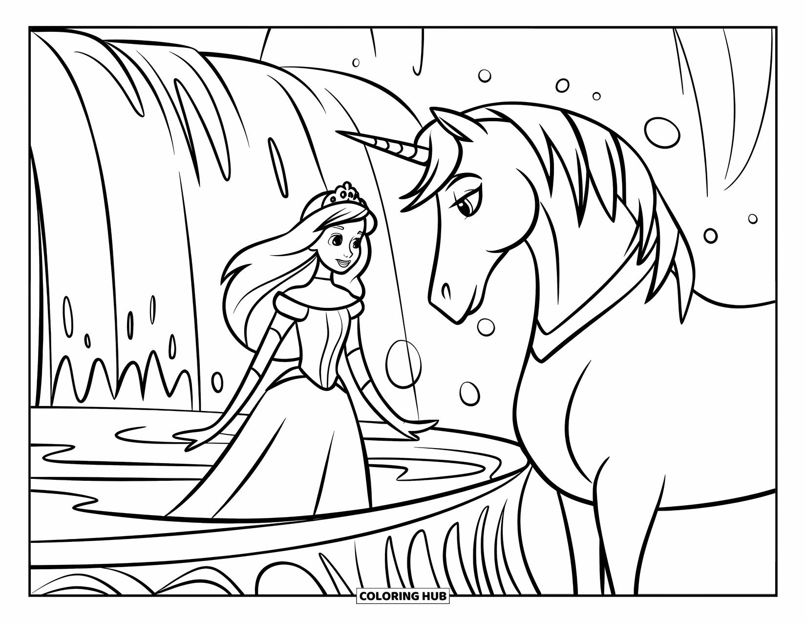Unicorn And Princess Coloring Page for Kids: A royal princess and unicorn stand near a glowing waterfall