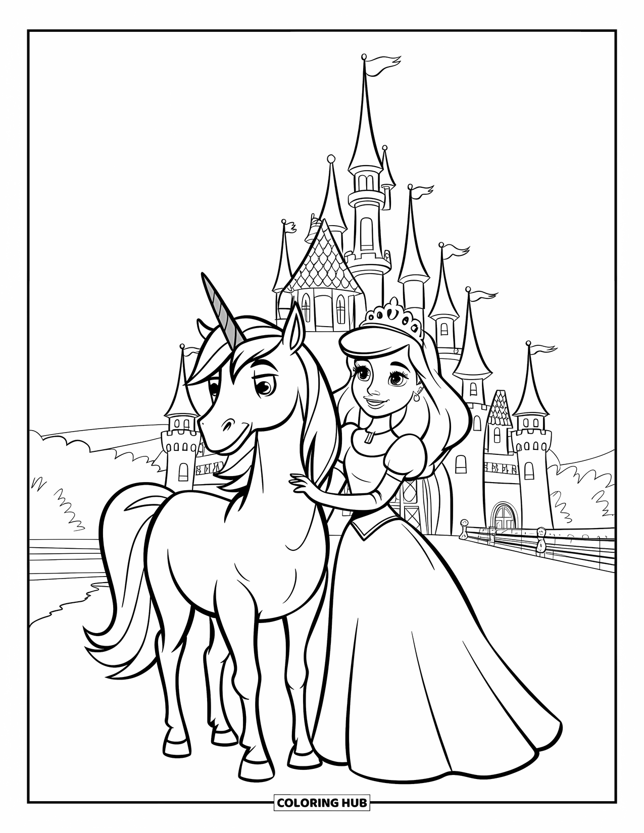 Unicorn And Princess Coloring Page for Kids: A smiling princess and unicorn stand joyfully before their castle