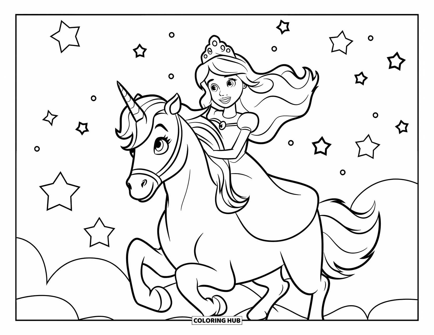 Unicorn And Princess Coloring Page for Kids: A smiling princess rides her unicorn through the sparkling night