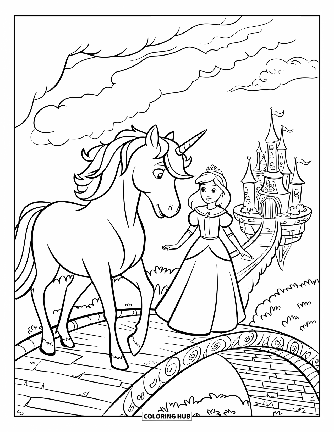 Unicorn And Princess Coloring Page for Kids: A unicorn and princess cross a stone bridge to a sky castle