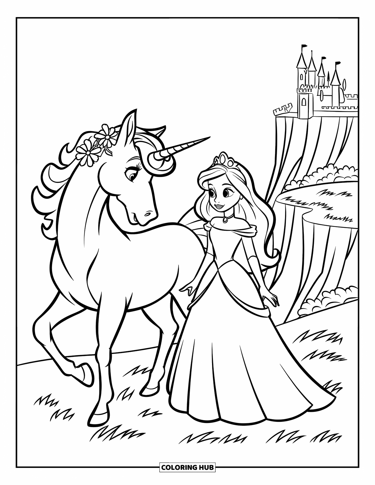 Unicorn And Princess Coloring Page for Kids: A unicorn and princess gaze over a castle from a hill
