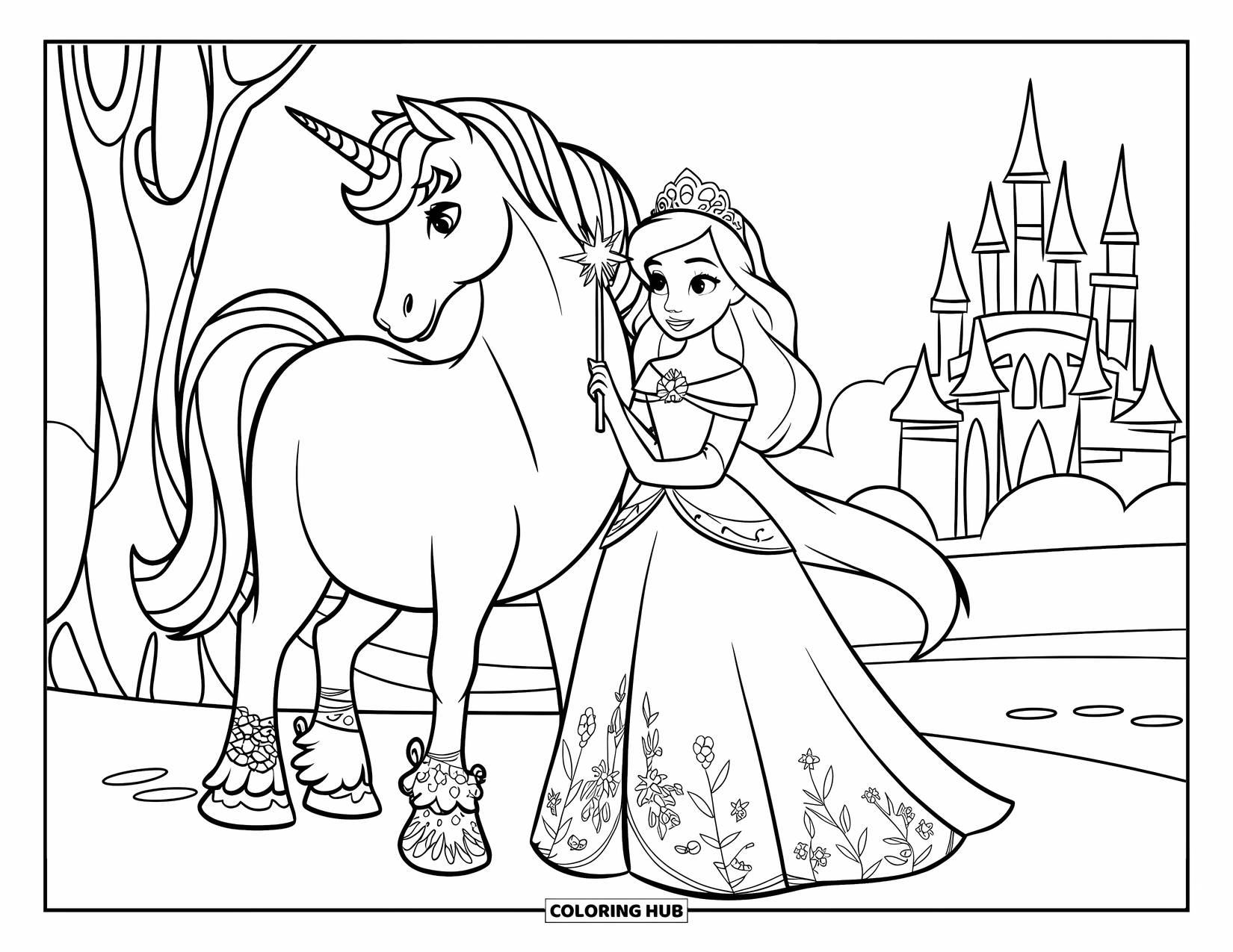 Unicorn And Princess Coloring Page for Kids: A unicorn and princess pose near a castle and tree