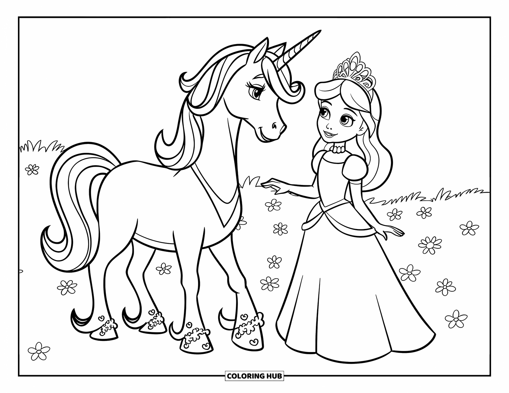 Unicorn And Princess Coloring Page for Kids: A unicorn and princess smile together under sunny skies