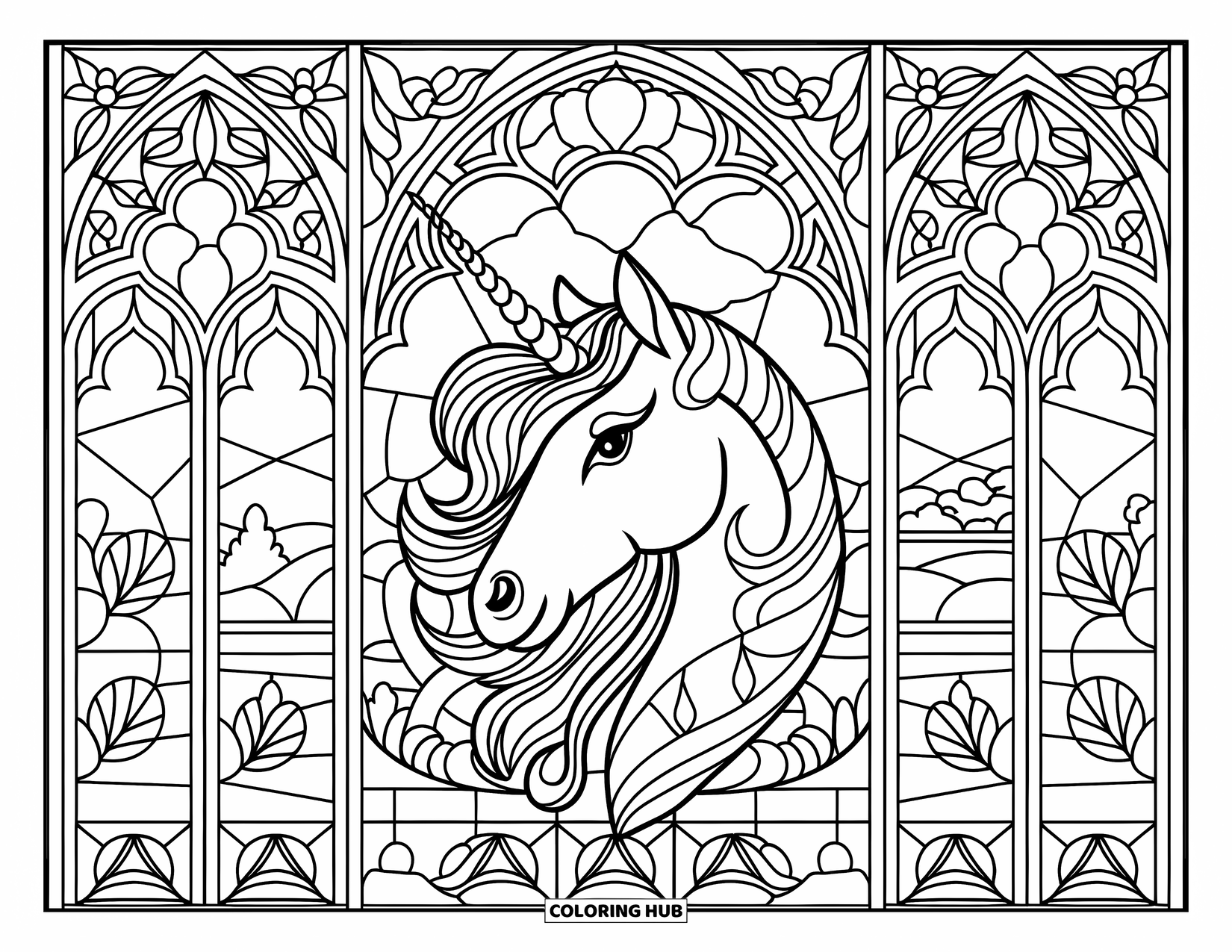 Unicorn Head Coloring Page for Adults: A serene unicorn rests among stained glass vines, flowers, and distant mountains