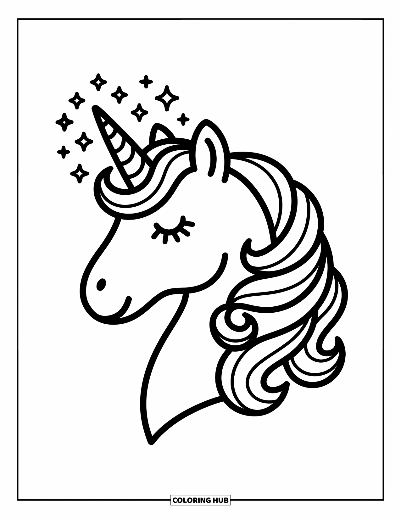 Unicorn Head Coloring Page for Adults: A unicorn with a sparkly halo and peaceful gaze shines in a cozy, cute style
