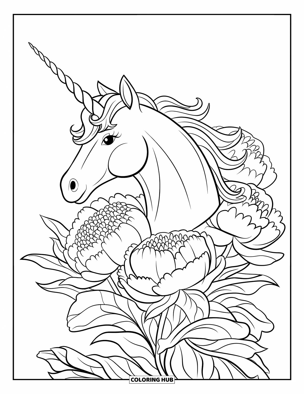 Unicorn Head Coloring Page for Adults: A unicorn's spiral horn rises from a nest of large peony flowers