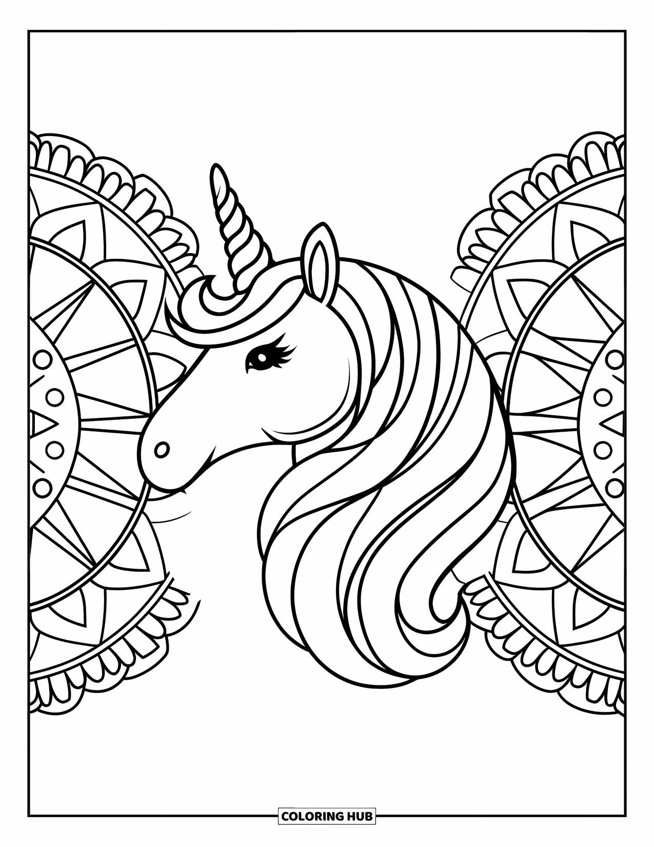 Unicorn Head Coloring Page for Adults: Geometric mandala patterns create a calm frame around a unicorn's spiraling horn