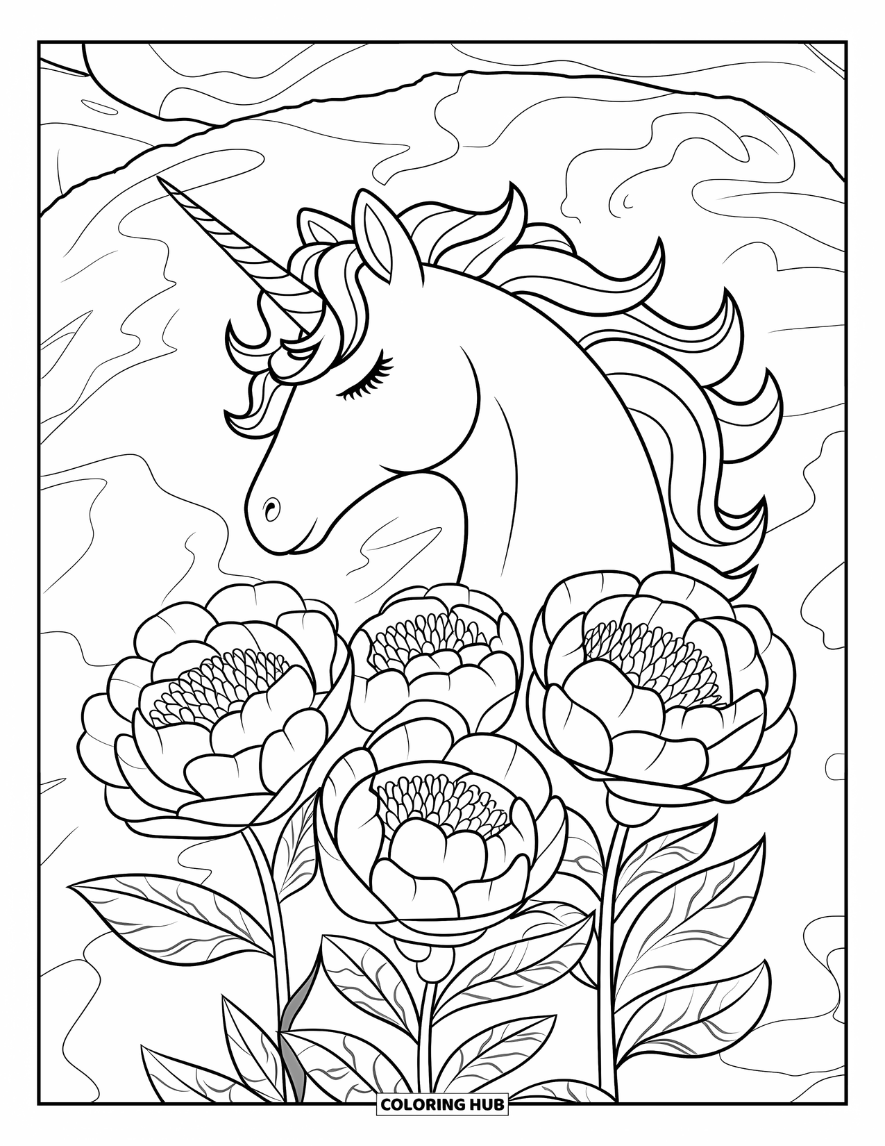 Unicorn Head Coloring Page for Adults: Peony petals gently cradle a unicorn with closed eyes and soft features