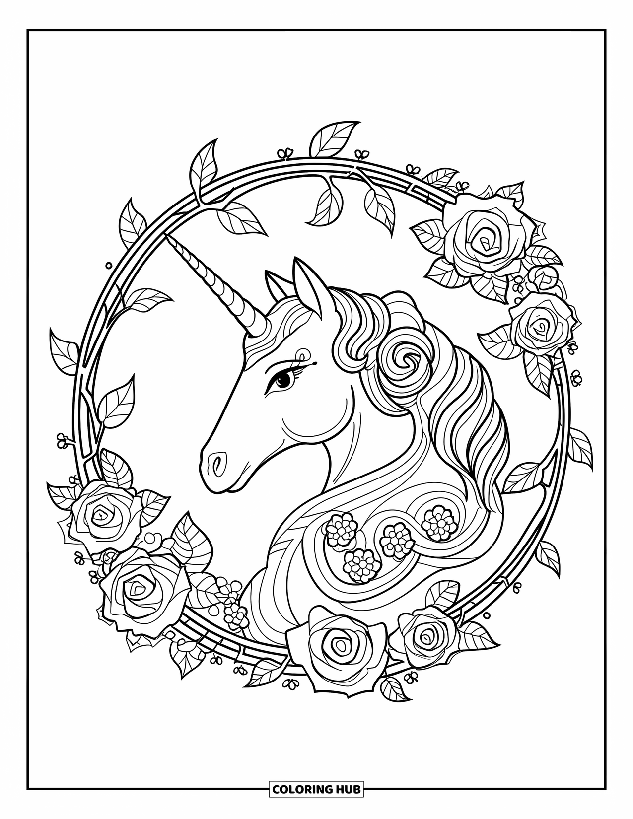 Unicorn Head Coloring Page for Adults: Roses with thorns form a mandala around a unicorn's serene face