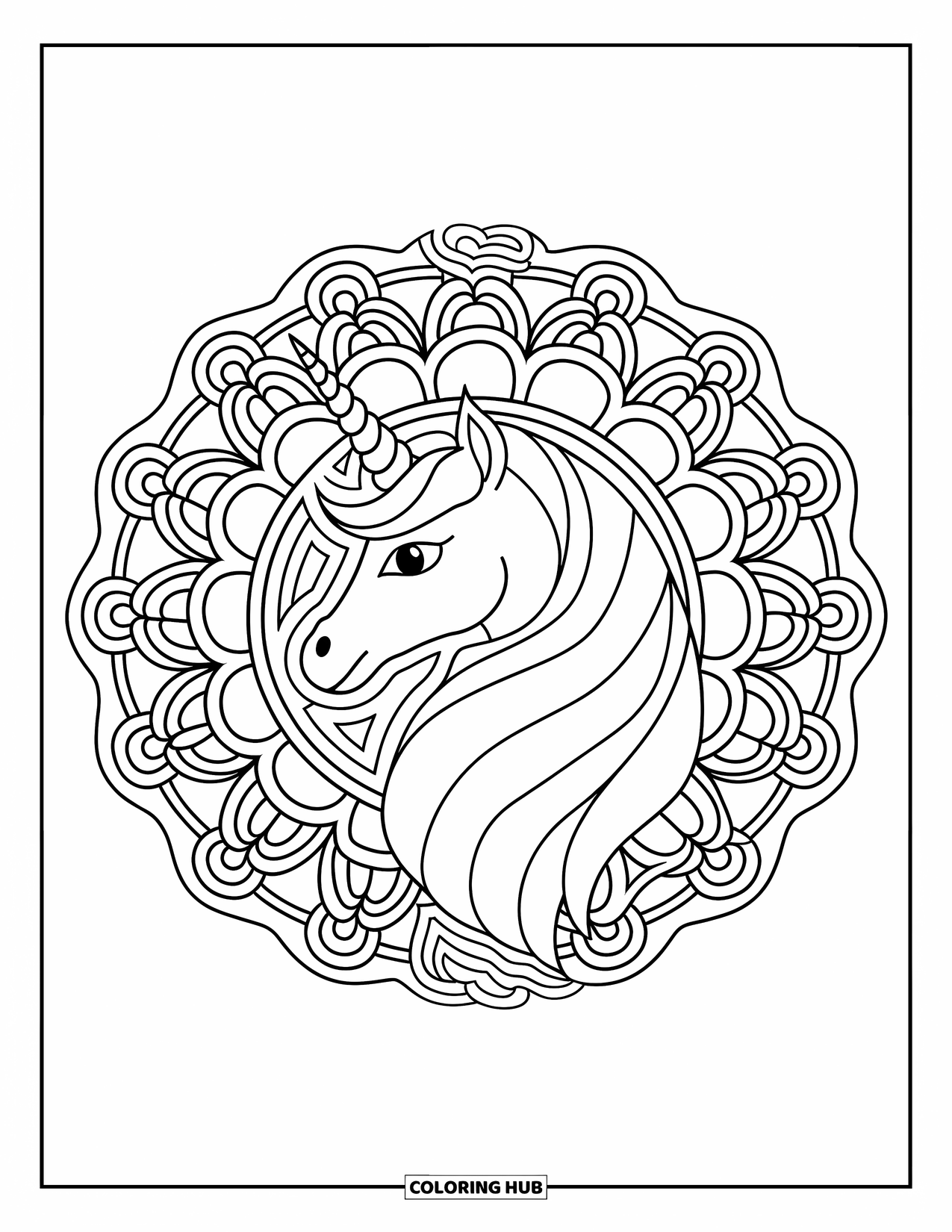 Unicorn Head Coloring Page for Adults: Swirling mandala designs surround a unicorn with a flowing mane