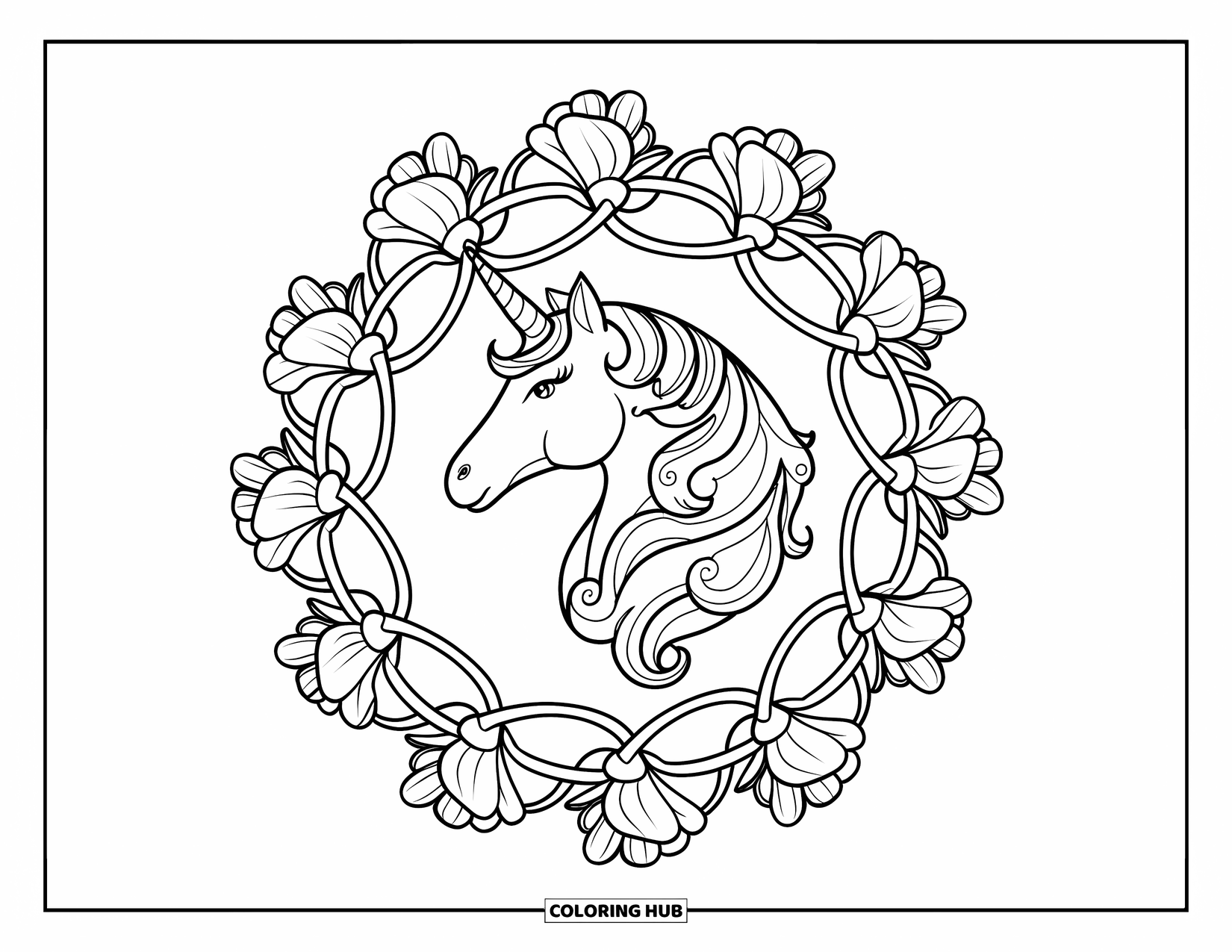 Unicorn Head Coloring Page for Adults: Vines and petals curl around a unicorn's horn in a circular floral design
