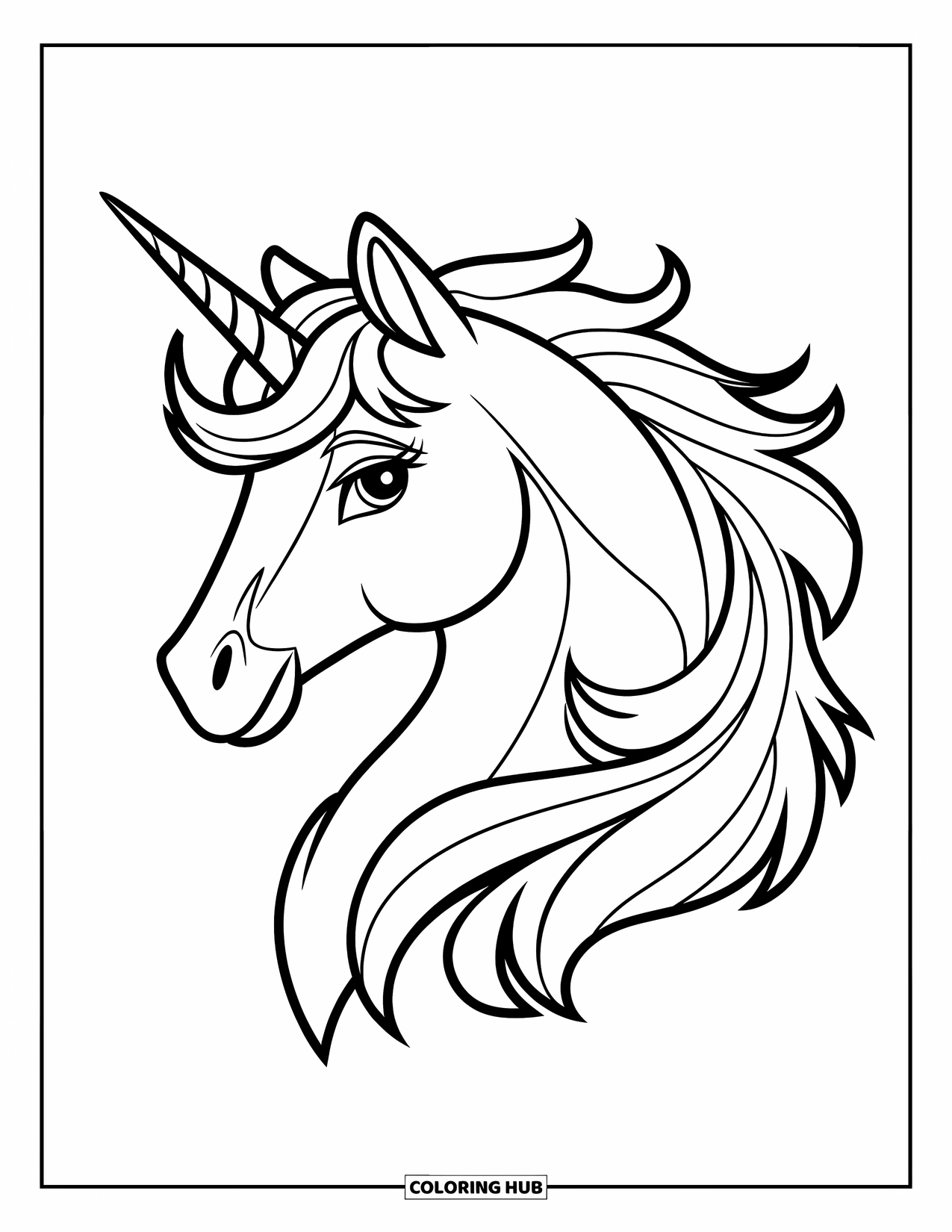 Unicorn Head Coloring Page for Kids: A calm unicorn with a wind-swept mane gazes ahead peacefully
