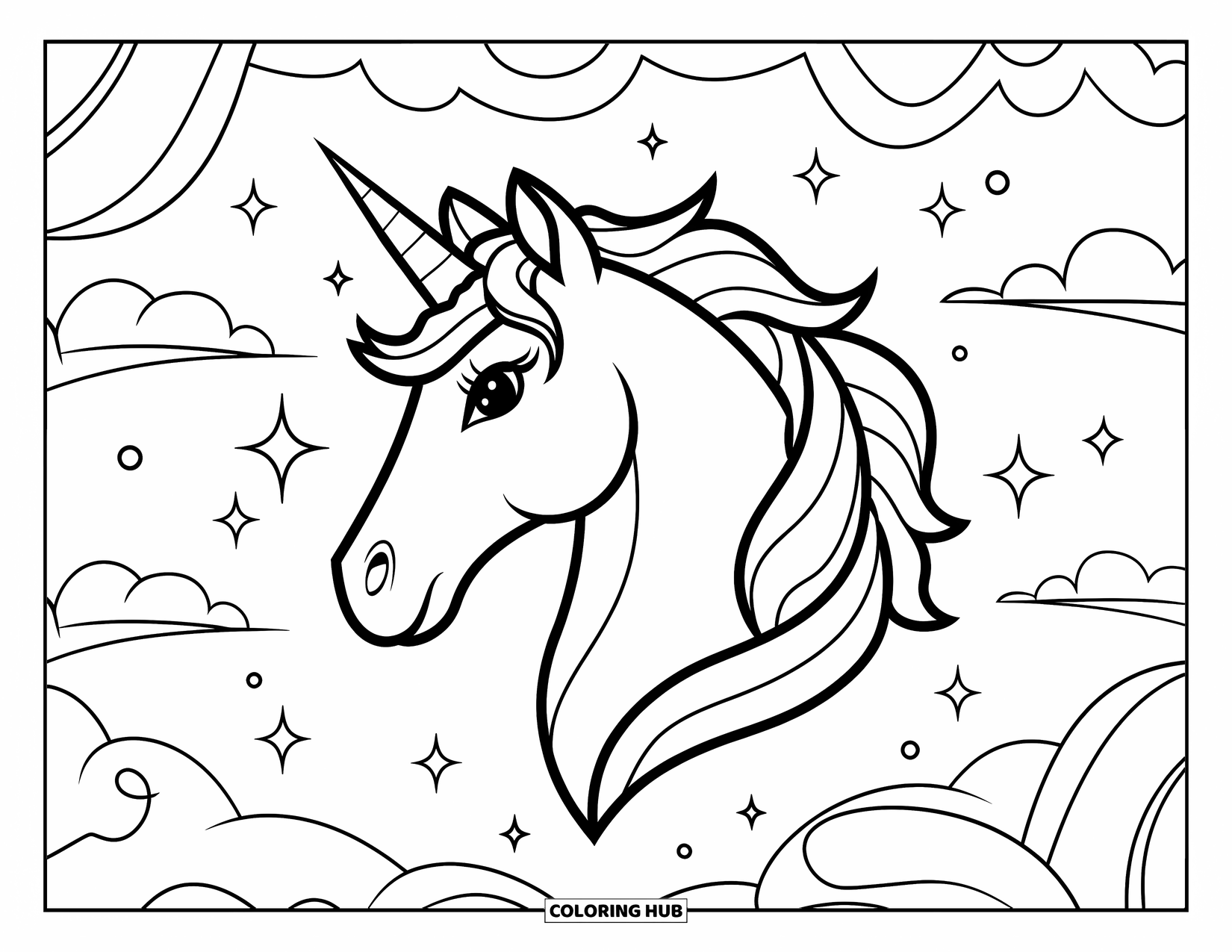 Unicorn Head Coloring Page for Kids: A crowned unicorn rests among swirls, clouds, and twinkling stars