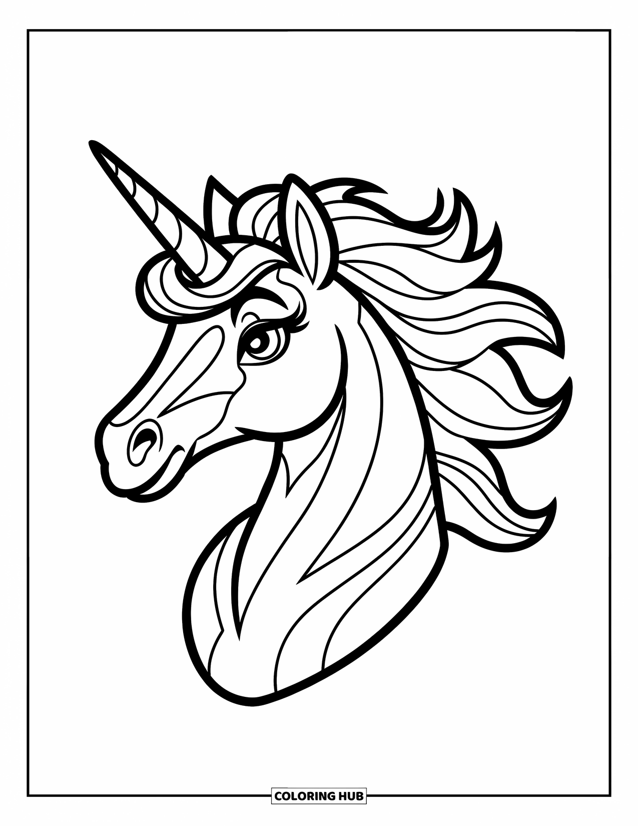 Unicorn Head Coloring Page for Kids: A dreamy unicorn with a wild mane glows with magical energy