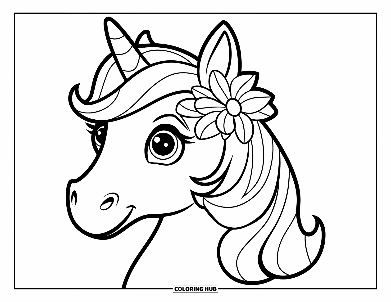 Unicorn Head Coloring Page for Kids: A flower rests behind the ear of a smiling unicorn