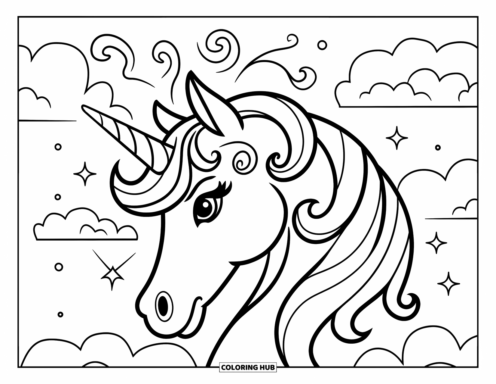 Unicorn Head Coloring Page for Kids: A royal unicorn shines with sparkles and swirls in fluffy clouds