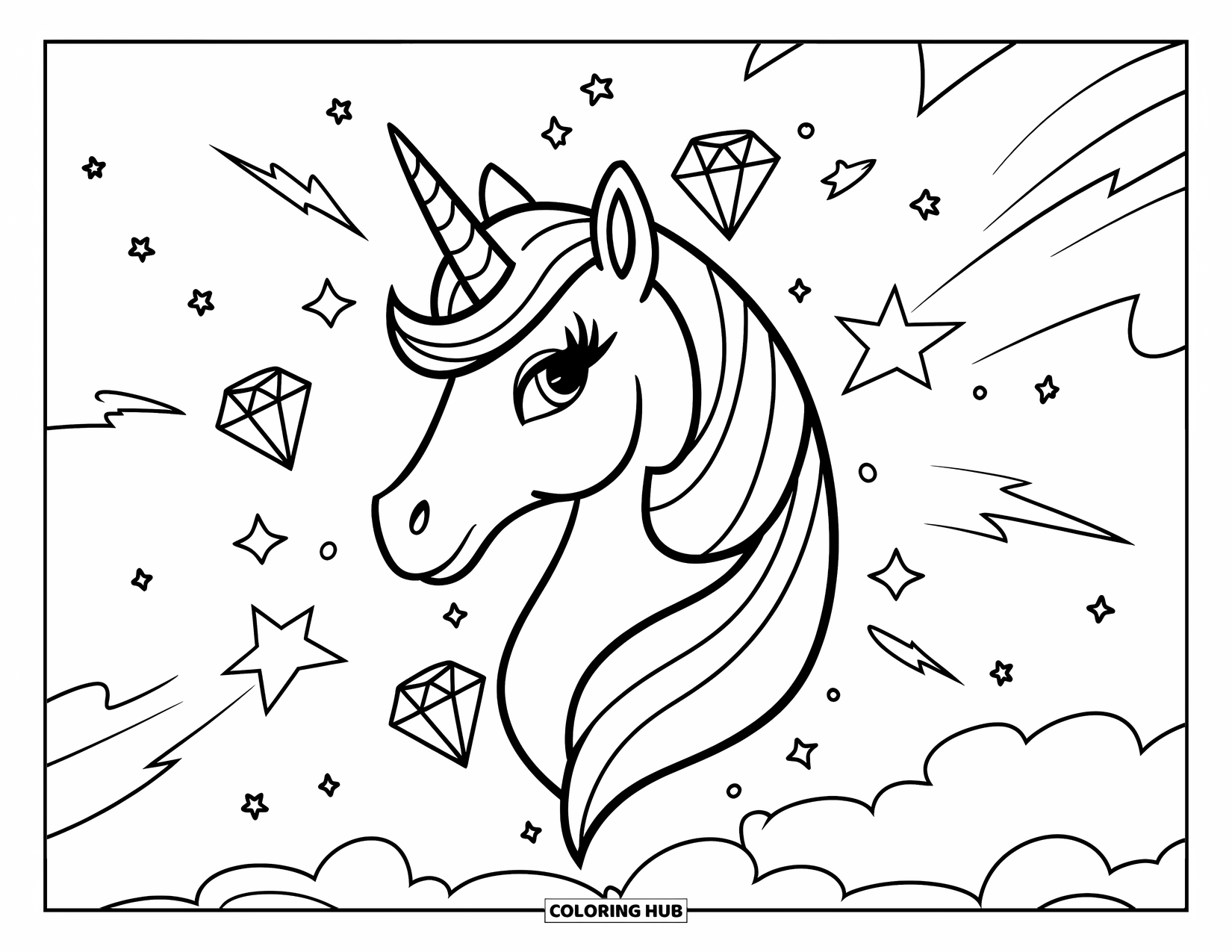 Unicorn Head Coloring Page for Kids: A unicorn surrounded by stars and diamonds gazes toward the sky