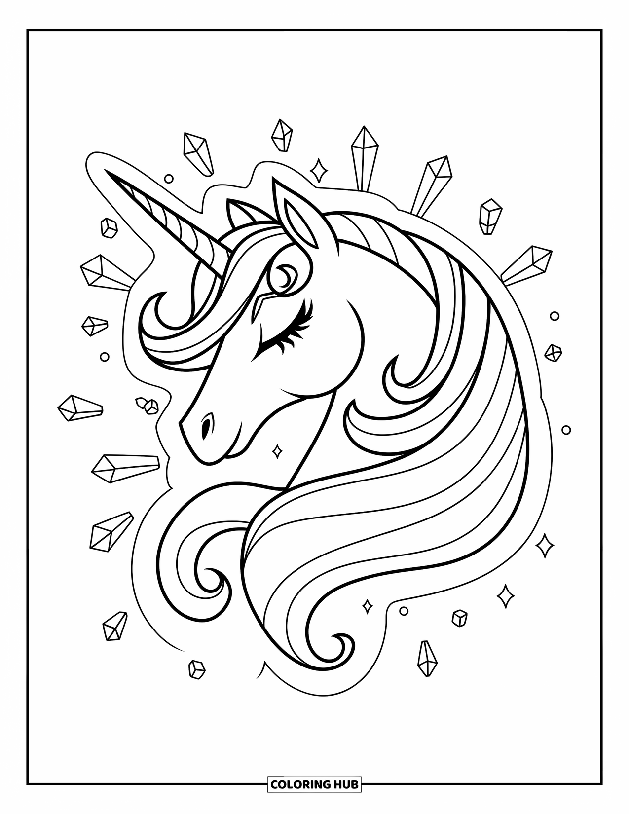Unicorn Head Coloring Page for Kids: A unicorn with crystals and flowing hair glows with soft magic