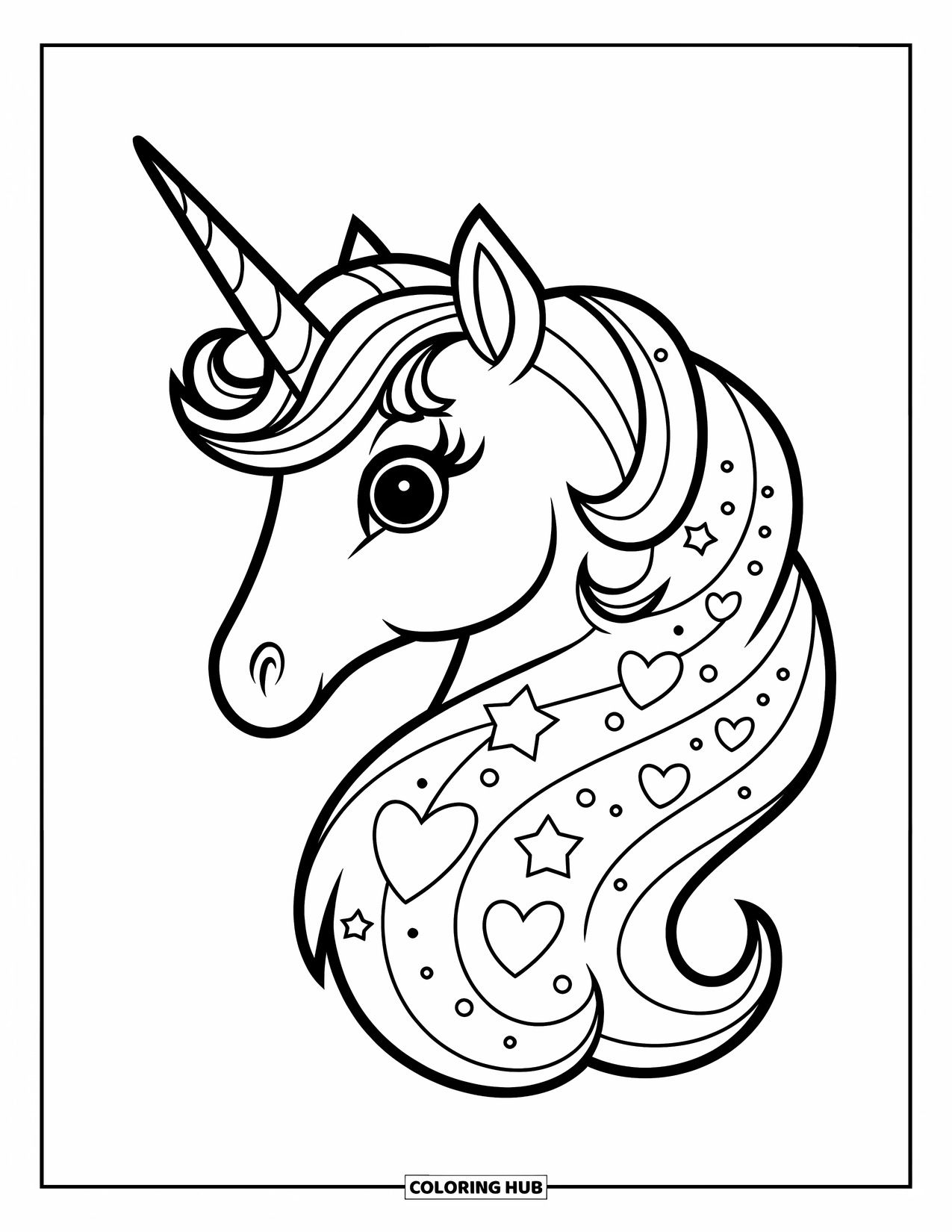 Unicorn Head Coloring Page for Kids: A unicorn's mane is filled with little hearts and twinkling stars