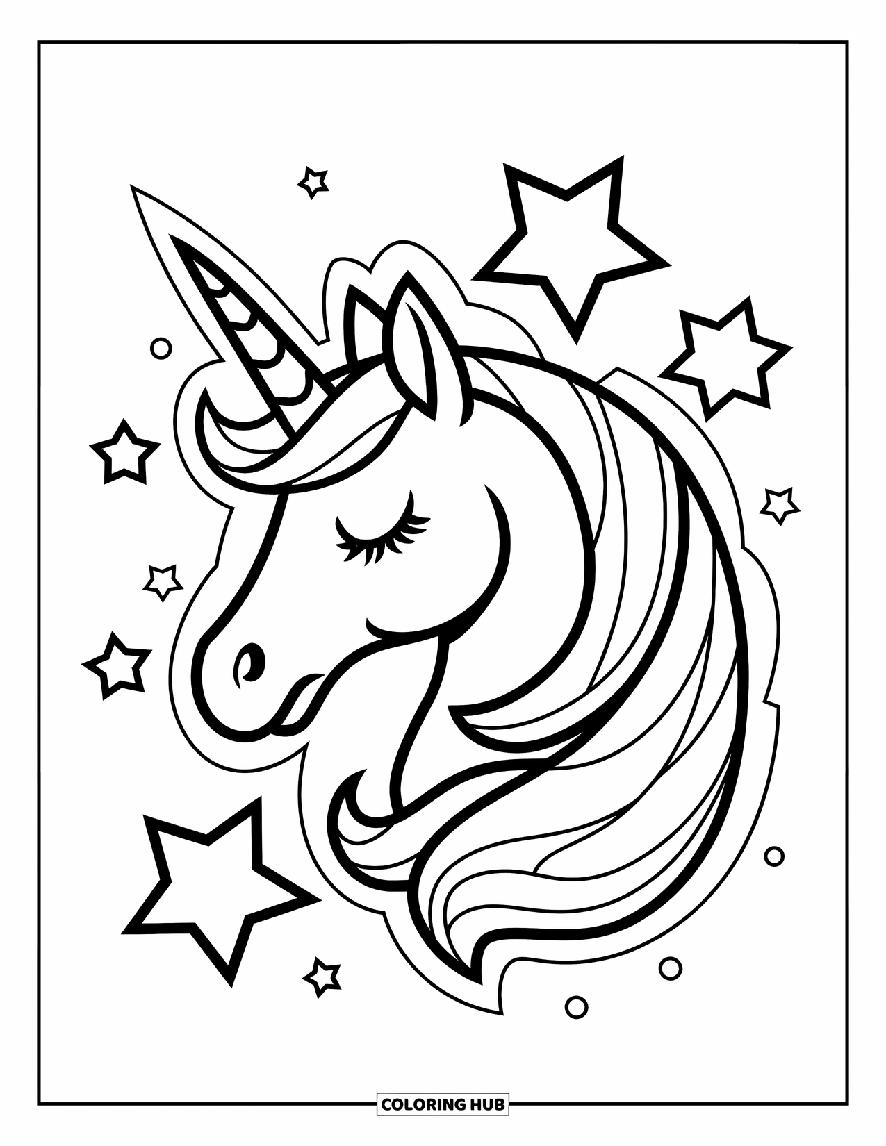 Unicorn Head Coloring Page for Kids: Stars shine brightly above a unicorn with closed eyes and soft hair