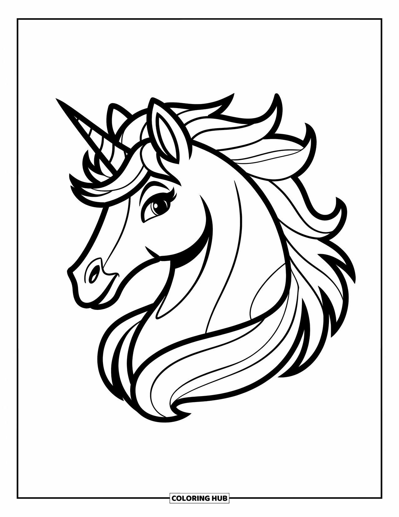 Unicorn Head Coloring Page for Kids: Wind lifts the mane of a unicorn with a pointed ear and gentle eyes