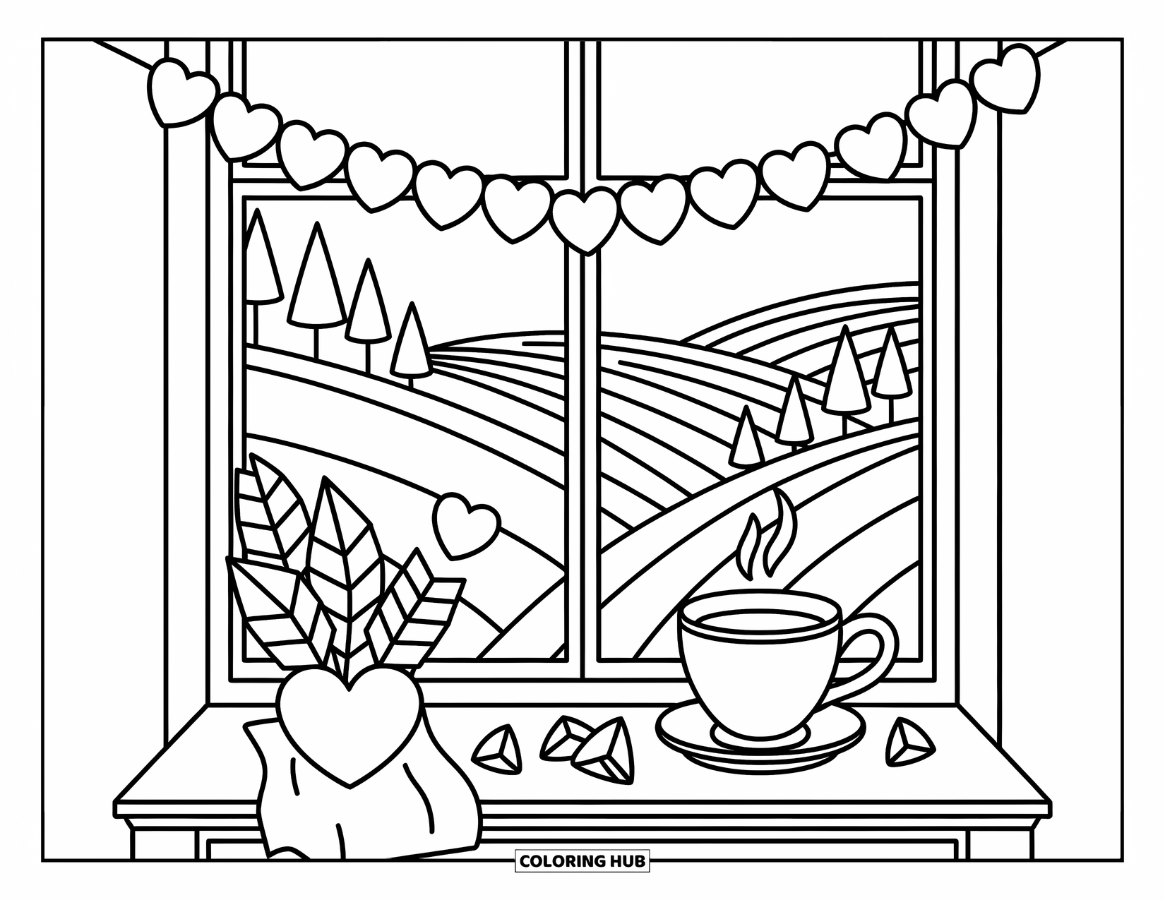Valentine Heart Coloring Page for Adults: A cozy window scene with heart garlands, warm tea, and paper hearts