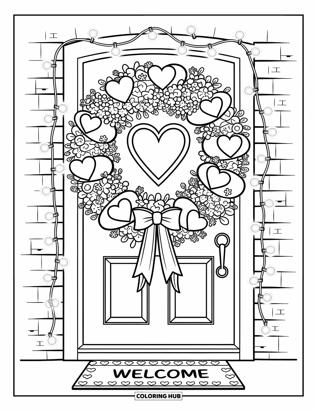 Valentine Heart Coloring Page for Adults: A festive door with a heart wreath, cozy lights, and floral details