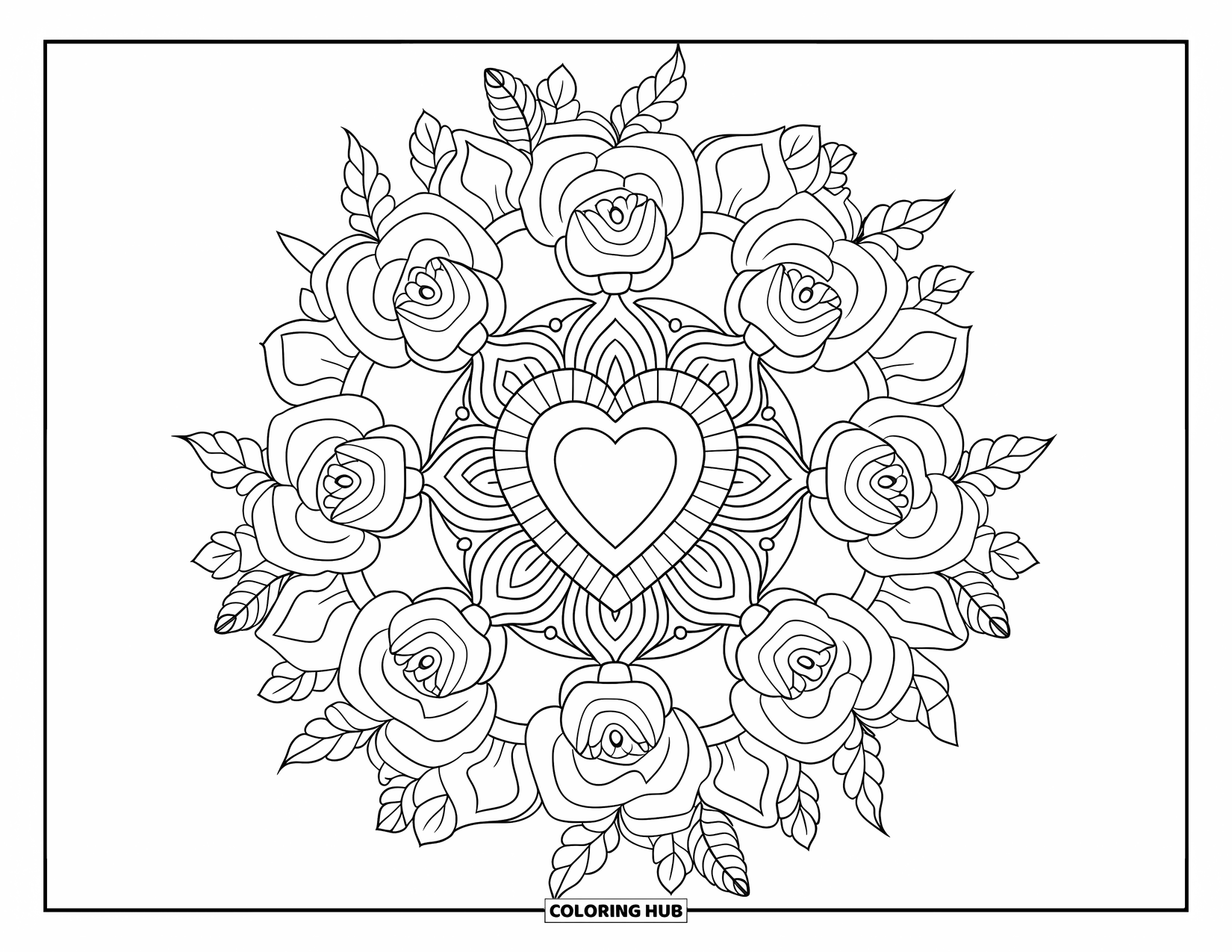 Valentine Heart Coloring Page for Adults: A heart-centered mandala with roses and ivy arranged in intricate patterns