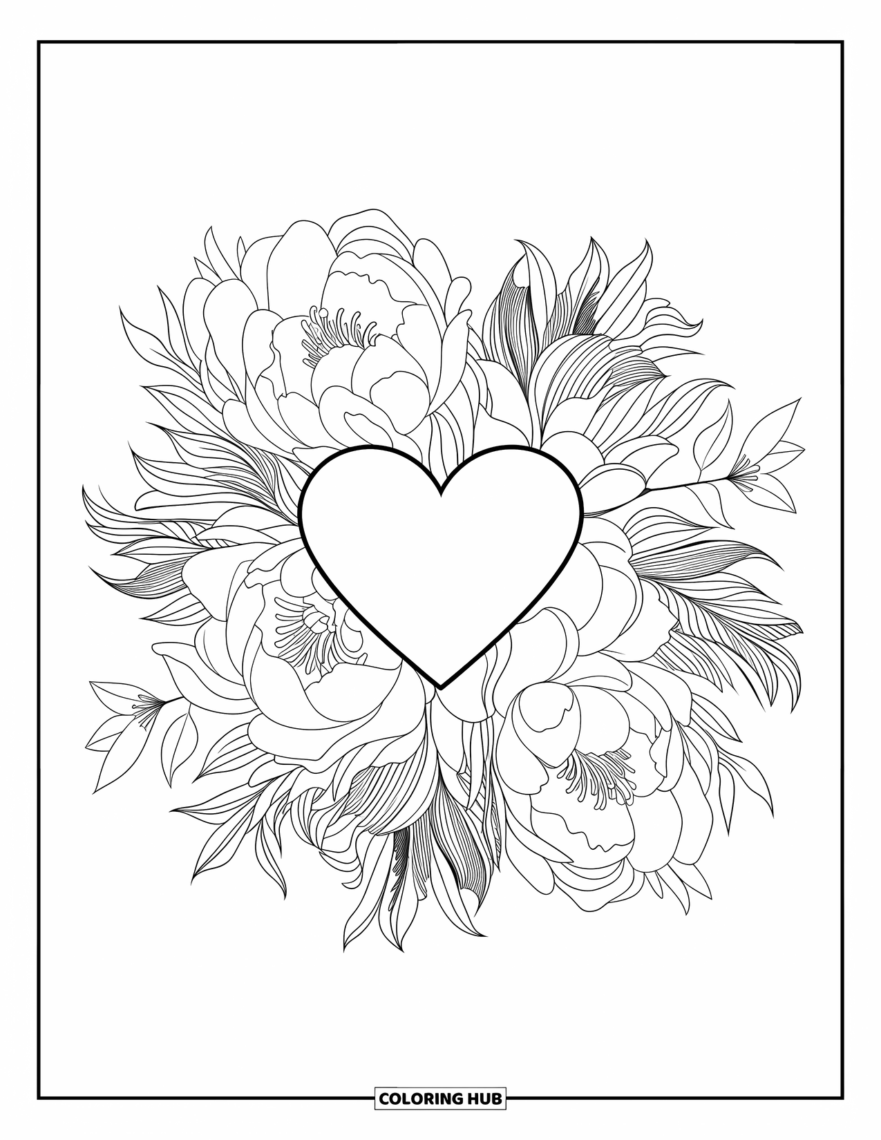 Valentine Heart Coloring Page for Adults: A heart floats in a mandala of peonies, lilies, and soft leaves