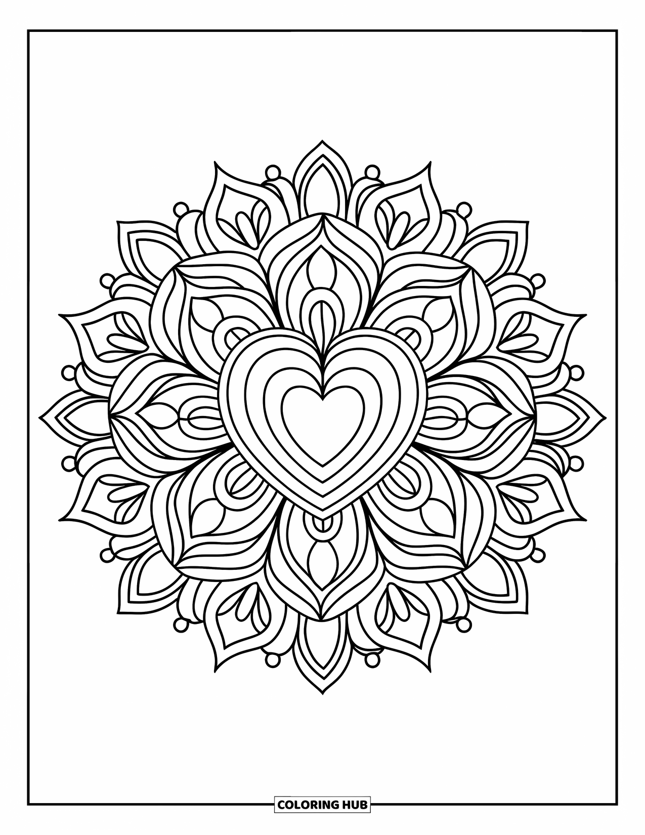 Valentine Heart Coloring Page for Adults: A heart glows at the center of a detailed floral mandala