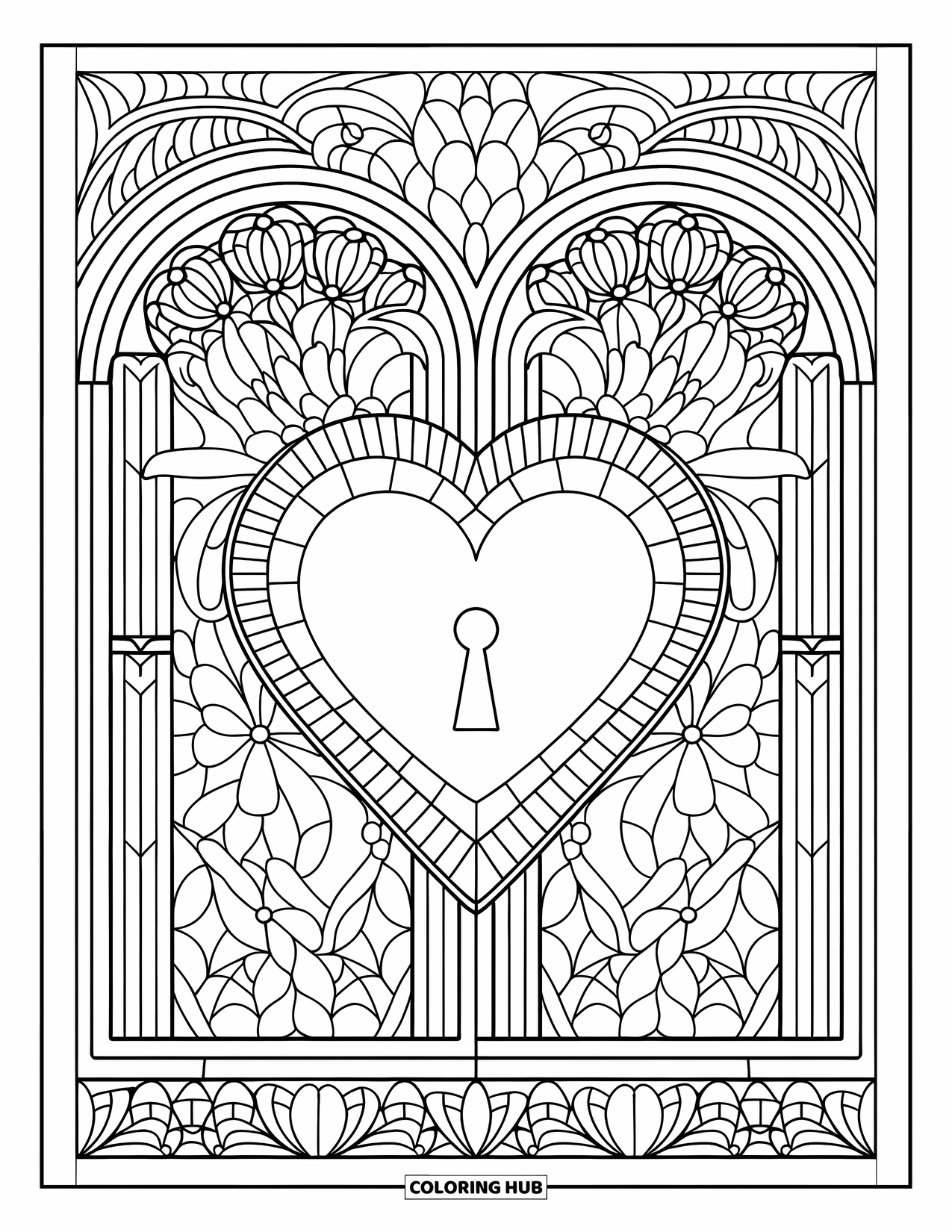 Valentine Heart Coloring Page for Adults: A heart-shaped lock is framed by lace and floral stained glass arches