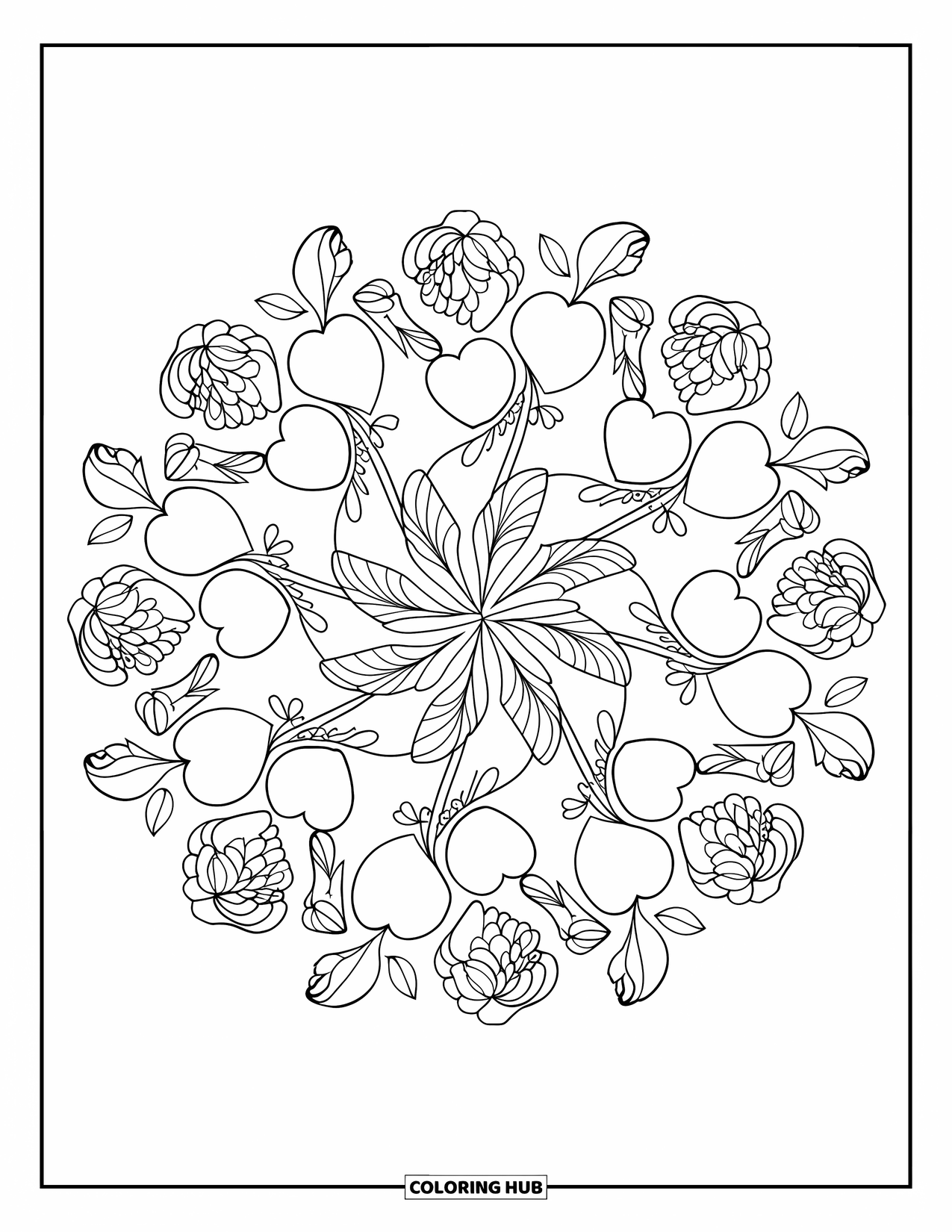 Valentine Heart Coloring Page for Adults: A mandala of hearts, lilies, and peonies creates a peaceful floral pattern